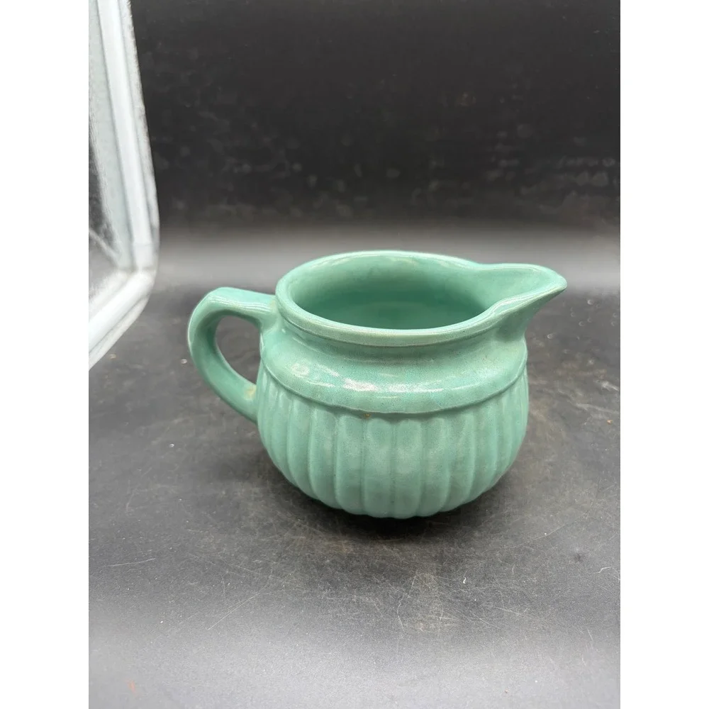 Vintage Seafoam Green Ribbed Ceramic Creamer Pitcher Fluted Pottery